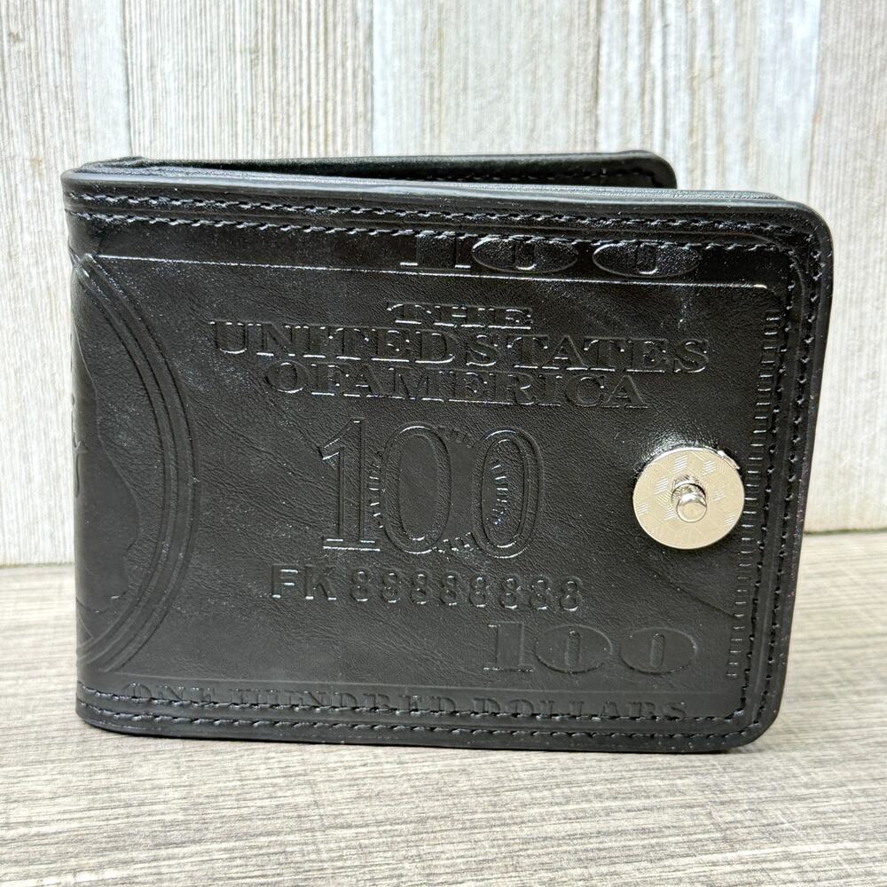New Black $100 Bill Embossed Faux Leather Bifold Wallet Snap Closure ID Window